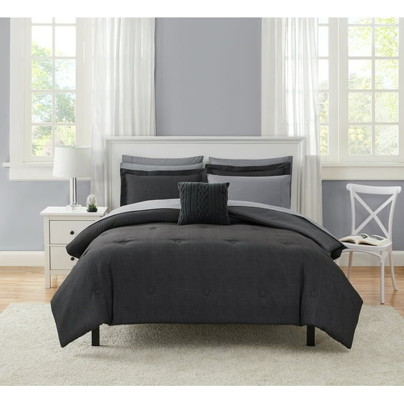 Mainstays 7 Piece Grey Bed in a Bag Comforter Set with Sheets, Twin-XL