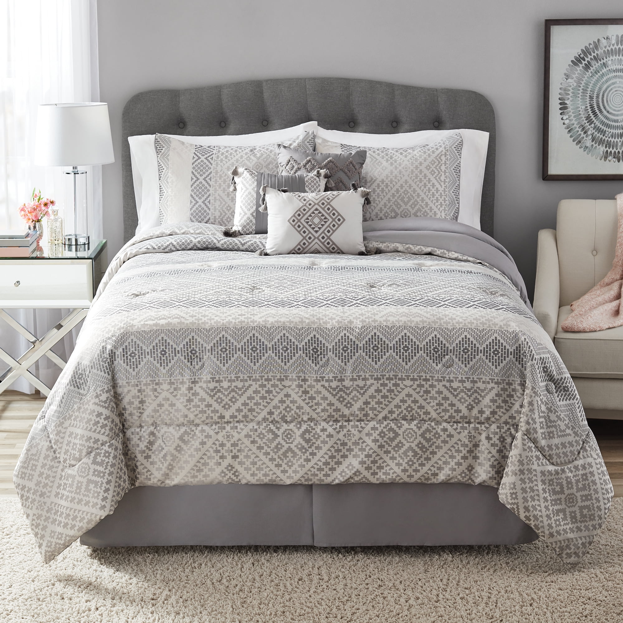 Mainstays 7Piece Grey Taupe Diamond Comforter Set, King