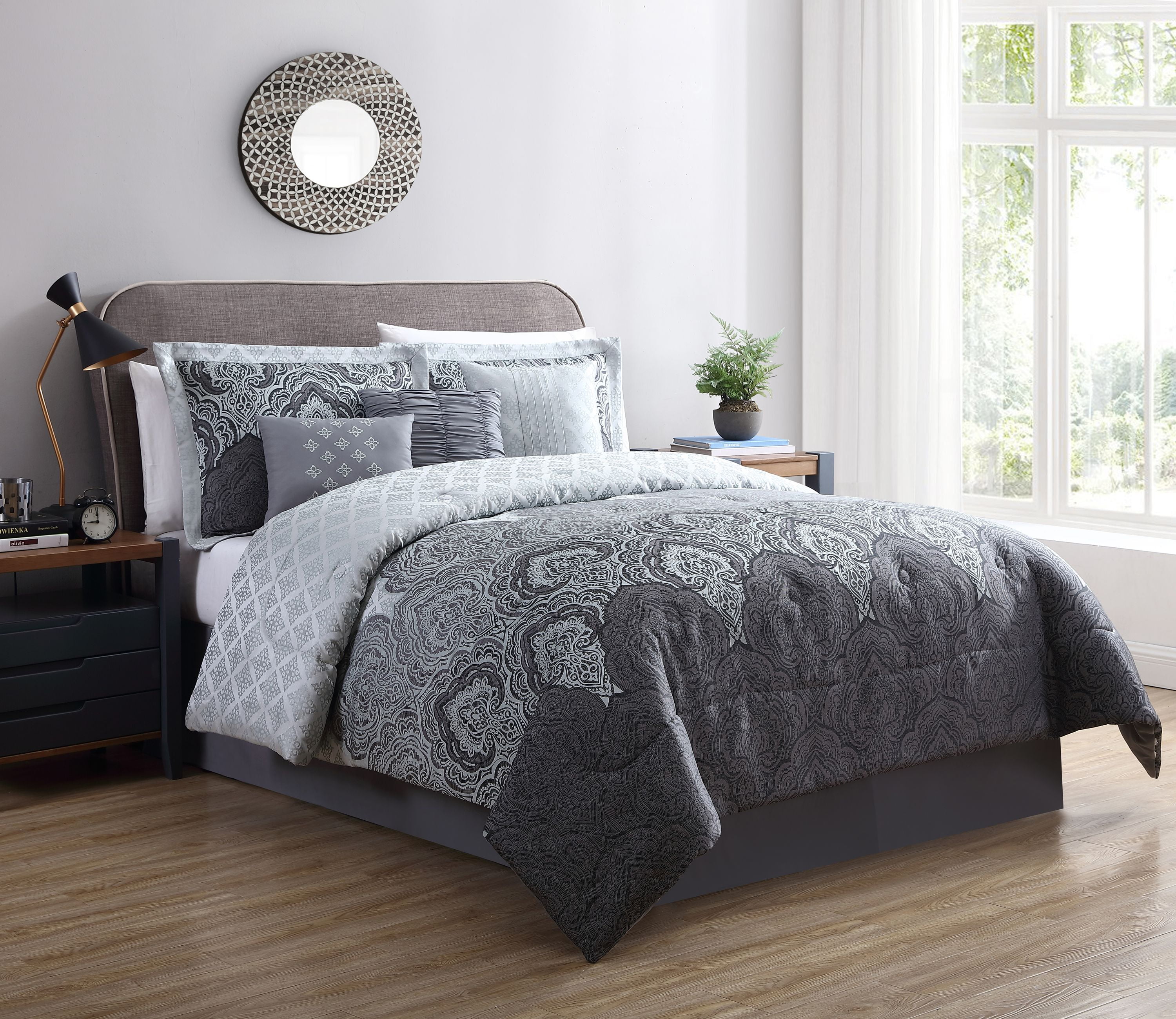 Mainstays 7-Piece Grey Bed in a Bag Comforter Set with Coverlet , Queen 