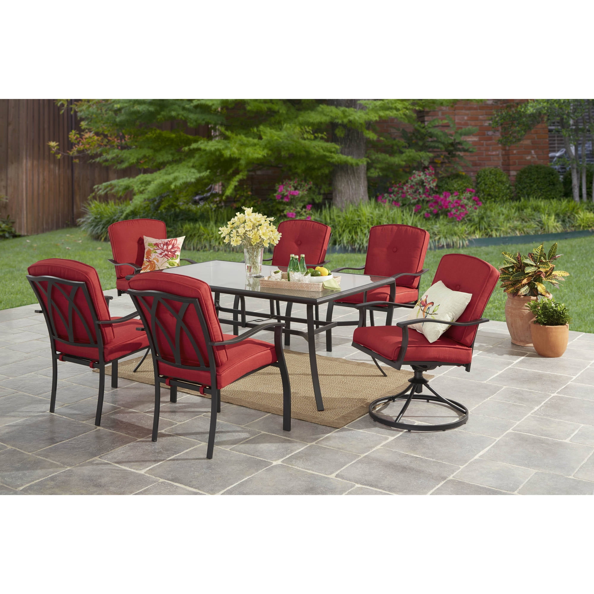 Mainstays 7-Piece Metal Outdoor Patio Dining Set with Cushions, Matte Carbon/Red