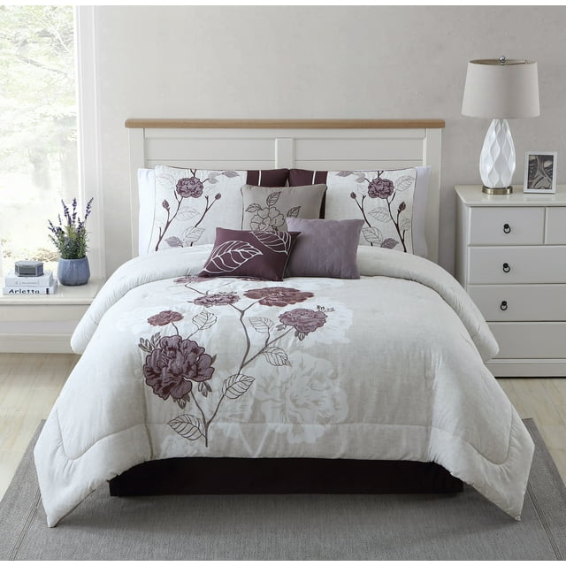 Mainstays 7Piece Plum Roses Comforter Set, Full/Queen