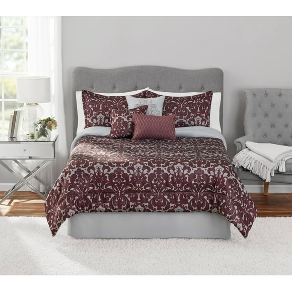 Mainstays 7-Piece Purple Damask Jacquard Comforter Set, Full/Queen, Adult