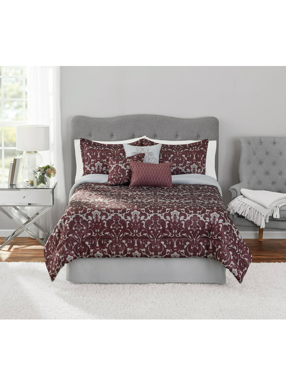 Mainstays 7-Piece Purple Damask Jacquard Comforter Set, Full/Queen, Adult