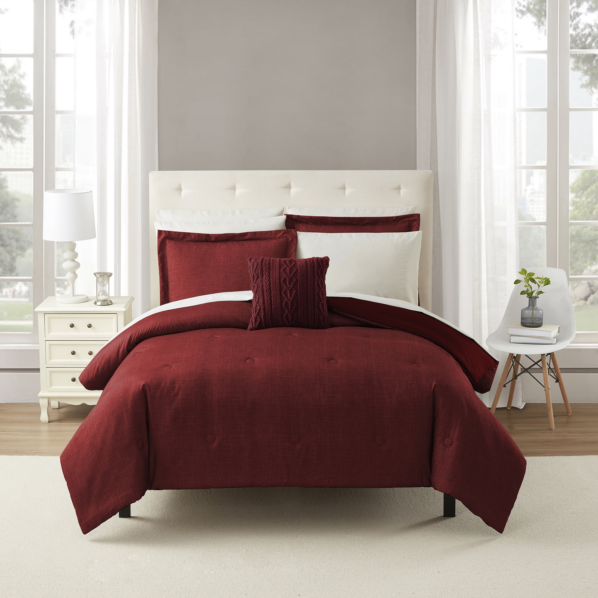 Mainstays 7 Piece Red Texture Bed in a Bag Comforter Set with Sheets, Twin-XL