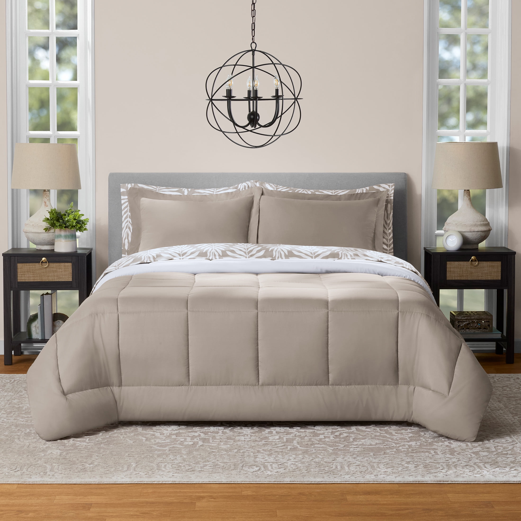 Mainstays All in One Reversible Comforter and Sheet set- 7 Piece, Full, Beige Palm