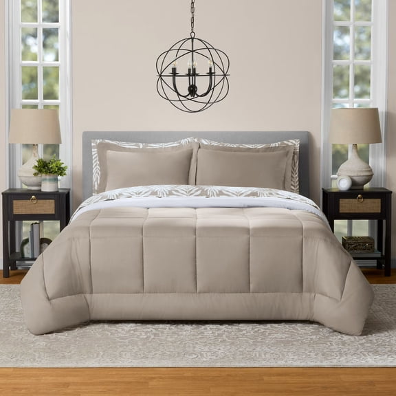 Mainstays Reversible 7-Piece Bed in a Bag Comforter and Sheet Set, Queen, Beige Palm