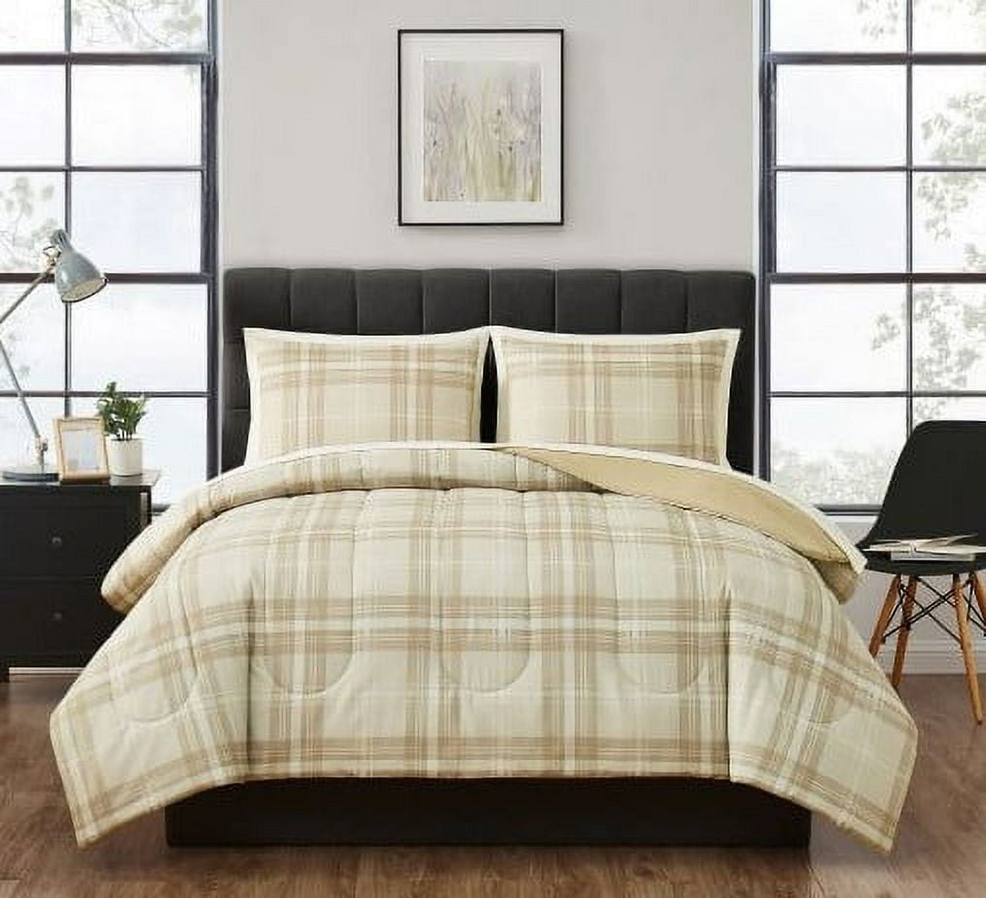 Mainstays 7 Piece Reversible Bed in a Bag Comforter Set with Sheets, Beige Plaid, King