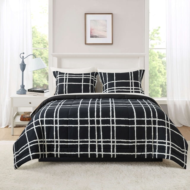 Mainstays 7-Piece Reversible Bed in a Bag Comforter Set with Sheets, Black and White Checker, Full