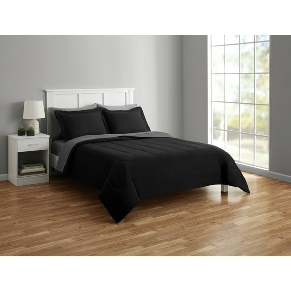 Mainstays 7 Piece Reversible Bed in a Bag Comforter Set with Sheets, Black, Queen