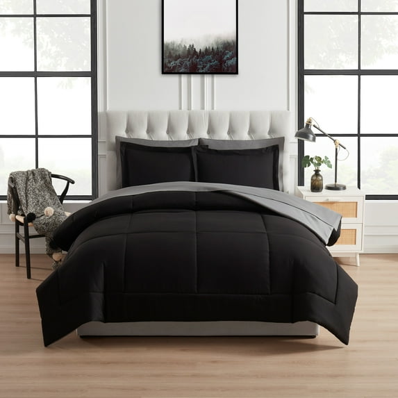 Mainstays All in One Reversible Comforter and Sheet set- 7 Piece, Queen, Black