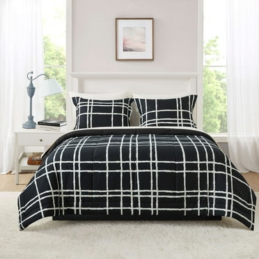 Mainstays 7-Piece Reversible Bed in a Bag Comforter Set with Sheets, Black/White Checker, Full