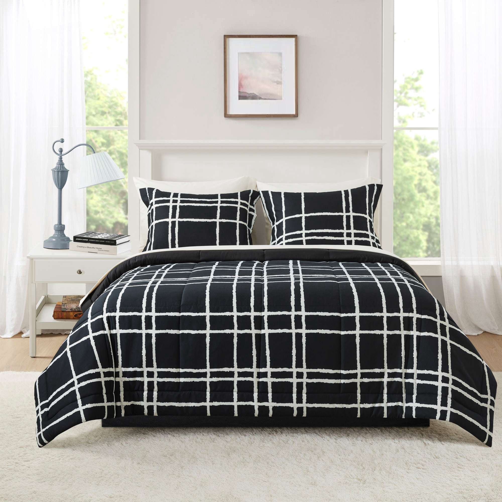 Mainstays All in One Reversible Comforter and Sheet Set, 7-Piece, King, Black and White Checker
