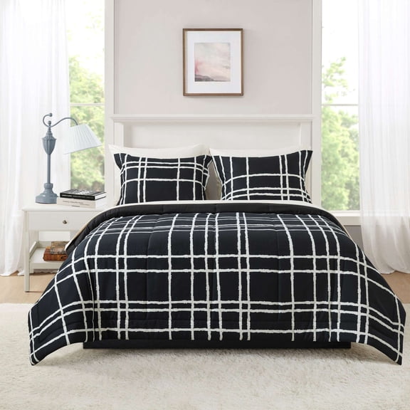Mainstays All in One Reversible Comforter and Sheet Set, 7-Piece, King, Black and White Checker