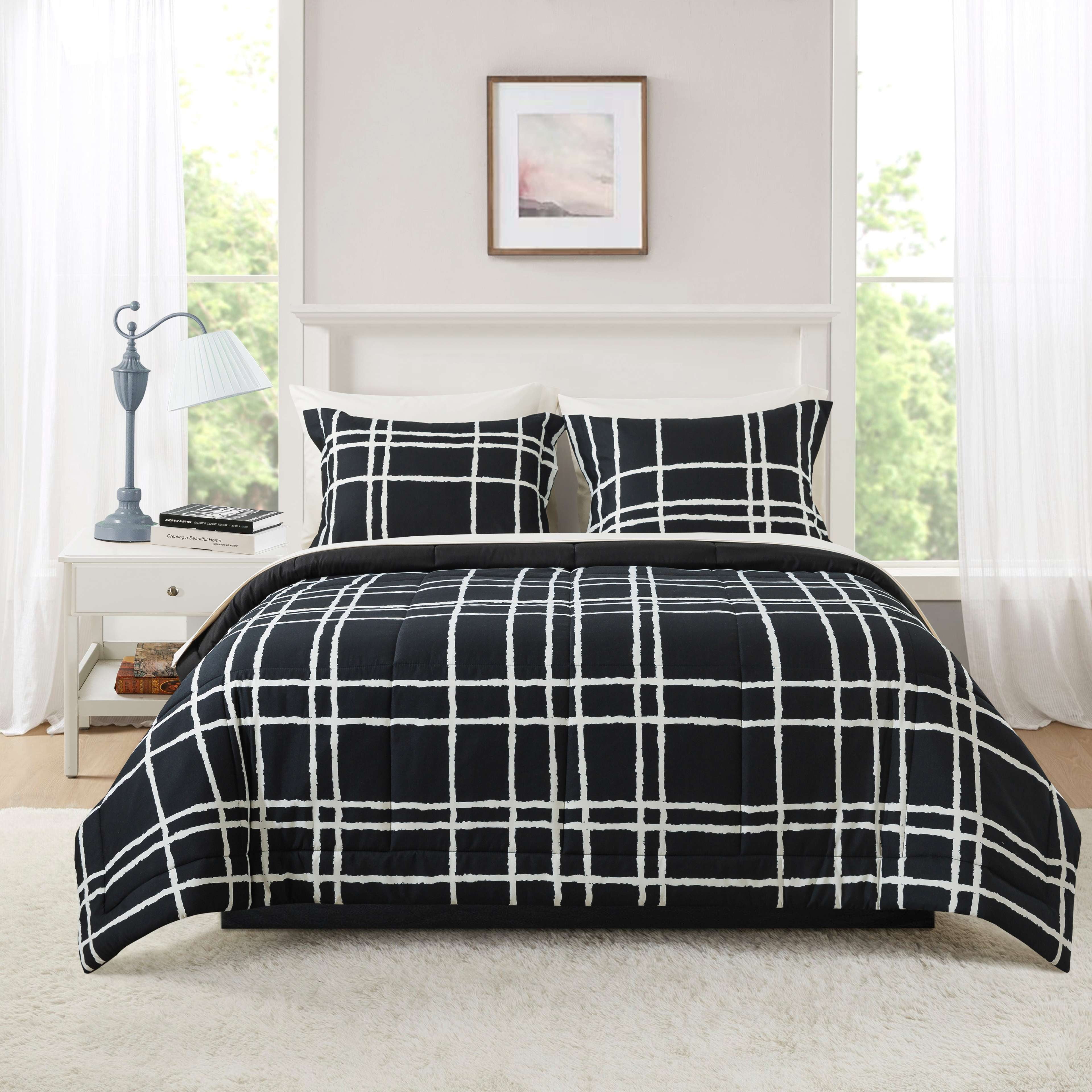 Mainstays 7-Piece Reversible Bed in a Bag Comforter Set with Sheets, Black/White Checker, King