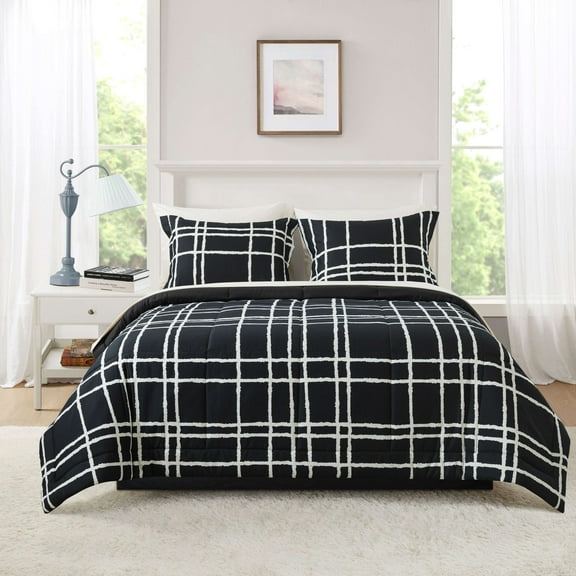 Mainstays All in One Reversible Comforter and Sheet set- 7 Piece, Queen, Black and White Checker