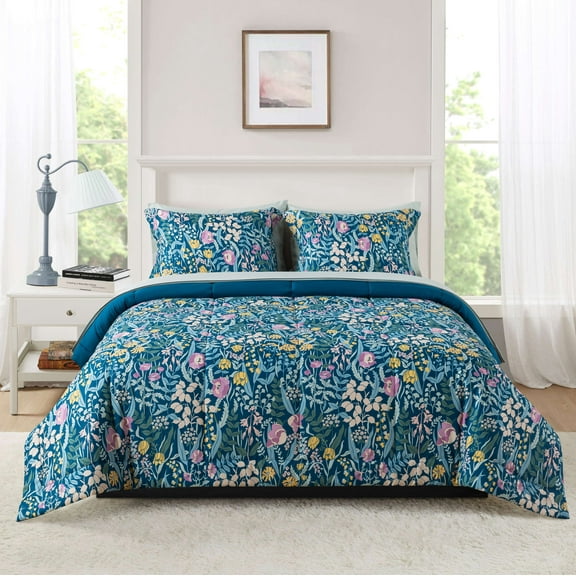Mainstays All in One Reversible Comforter and Sheet set- 7 Piece, Queen, Blue Floral