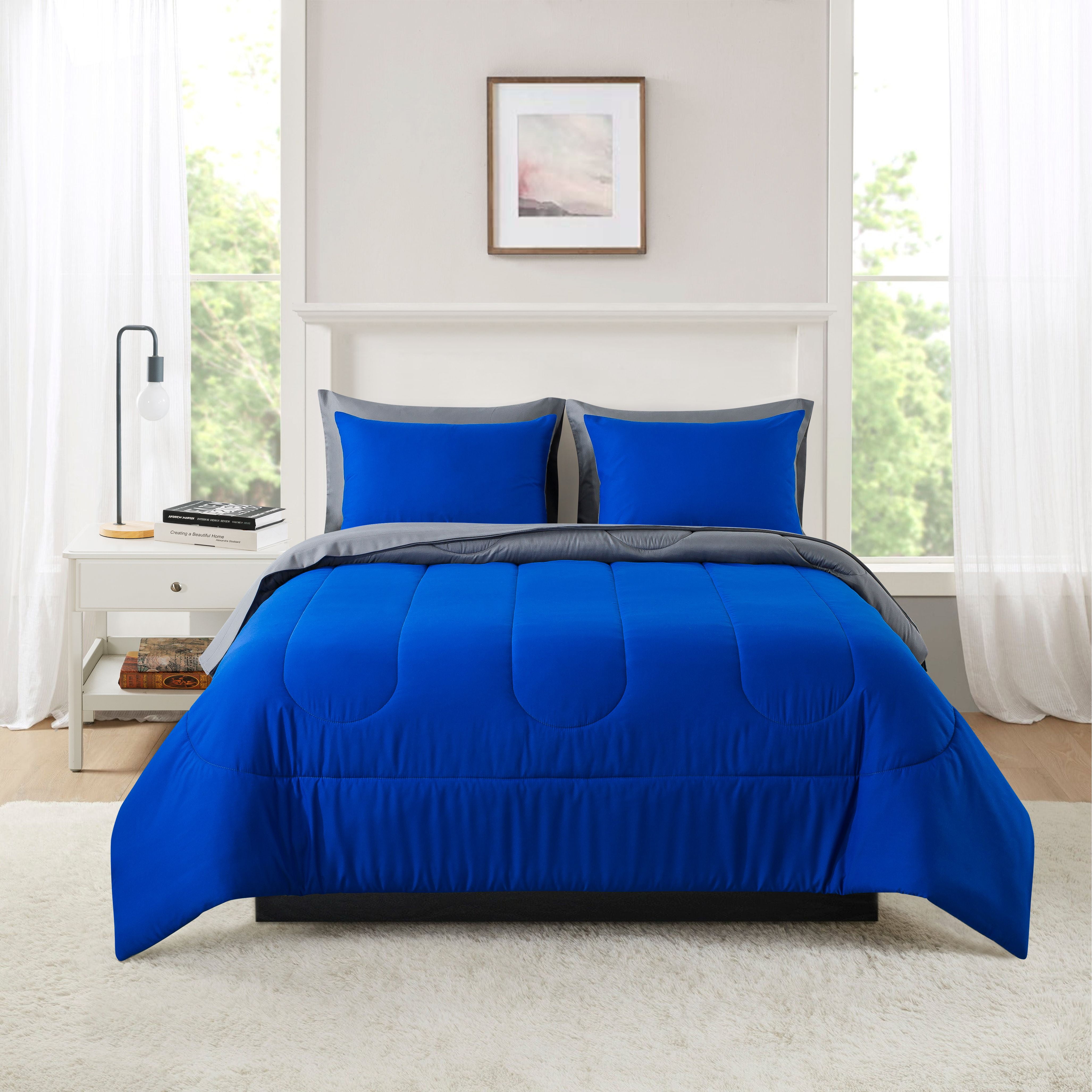 Mainstays 7-Piece Reversible Bed in a Bag Comforter Set with Sheets, Blue, King