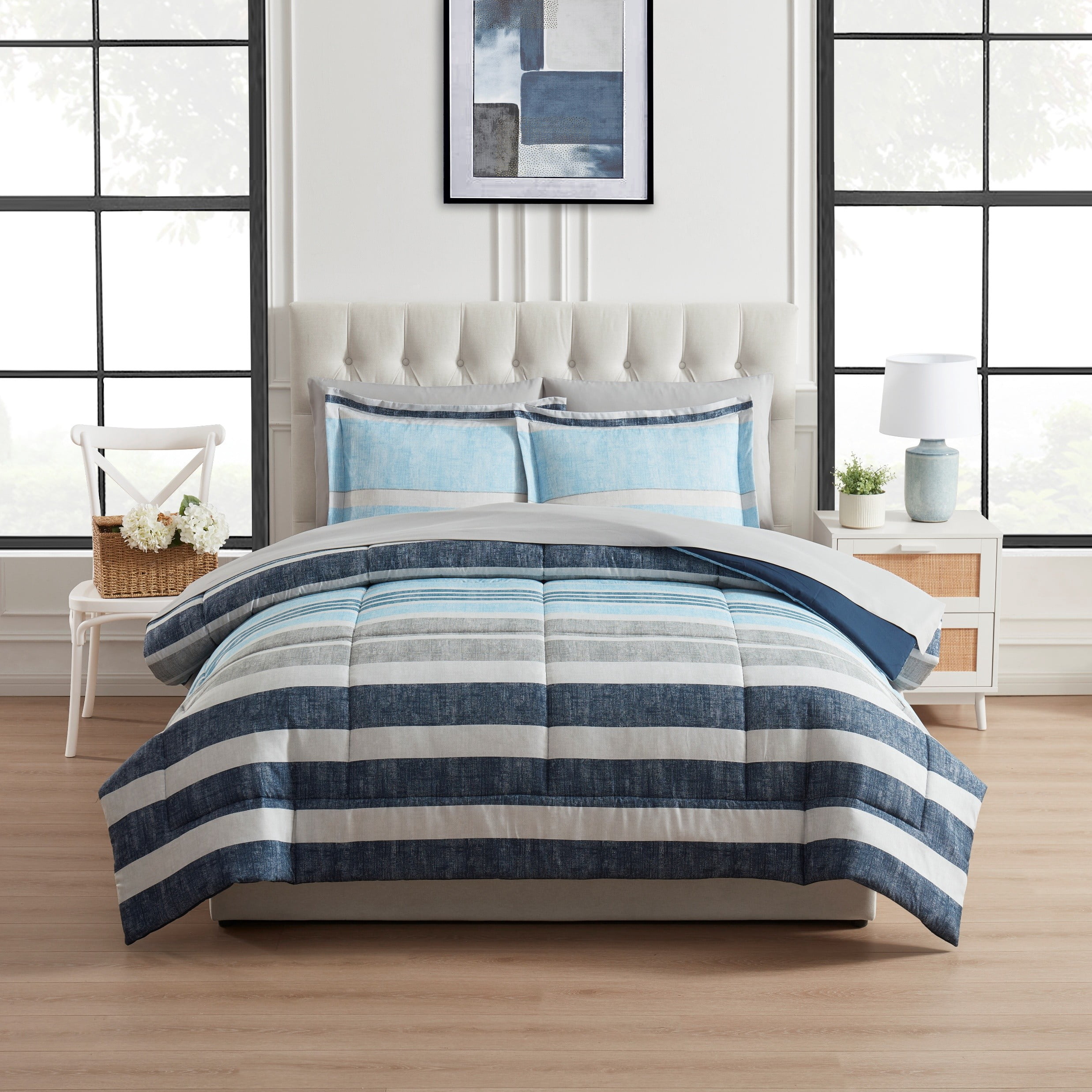 Mainstays Bed-in-a-Bag Reversible Comforter and Sheet Set, 7-Piece, Full, Blue Stripe