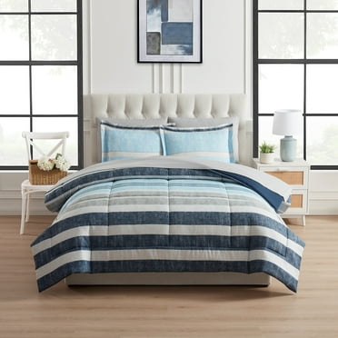 Mainstays 7 Piece Reversible Bed in a Bag Comforter Set with Sheets, Blue Stripe, King
