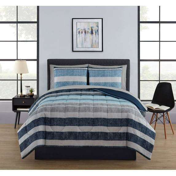 Mainstays 7 Piece Reversible Bed in a Bag Comforter Set with Sheets, Blue and Grey Stripe, King