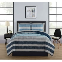 Mainstays 7 Piece Reversible Bed in a Bag Comforter Set with Sheets, Blue and Grey Stripe, Queen