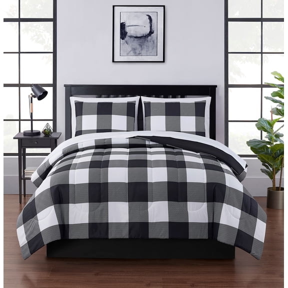 Mainstays 7 Piece Reversible Bed in a Bag Comforter Set with Sheets, Buffalo Check, Queen