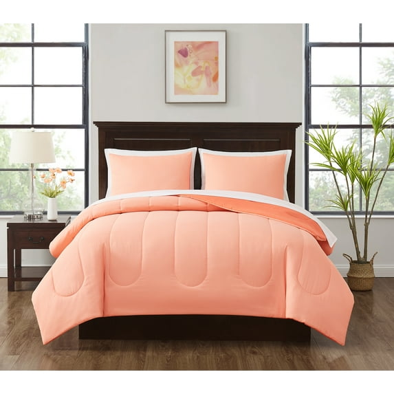 Mainstays 7 Piece Reversible Bed in a Bag Comforter Set with Sheets, Coral, Full