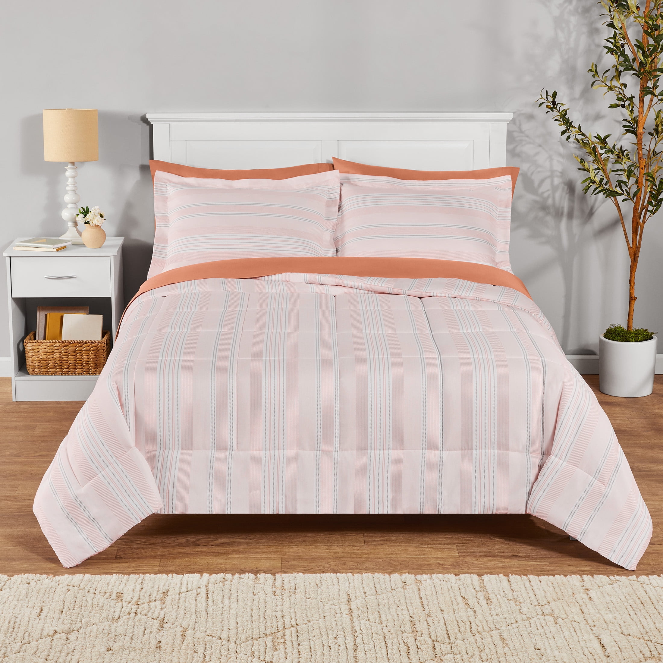 Mainstays All in One Reversible Comforter and Sheet set- 7 Piece, King, Orange Stripe