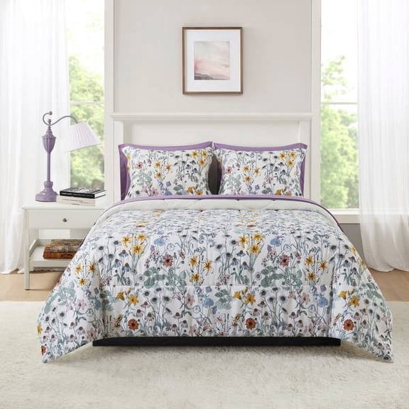 Mainstays 7-Piece Reversible Bed in a Bag Comforter Set with Sheets, White Multi Floral, Full