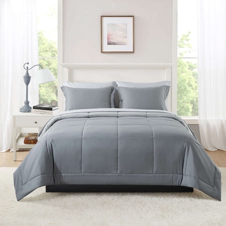 Mainstays All in One Reversible Comforter and Sheet Set, 7-Piece, Full, Gray