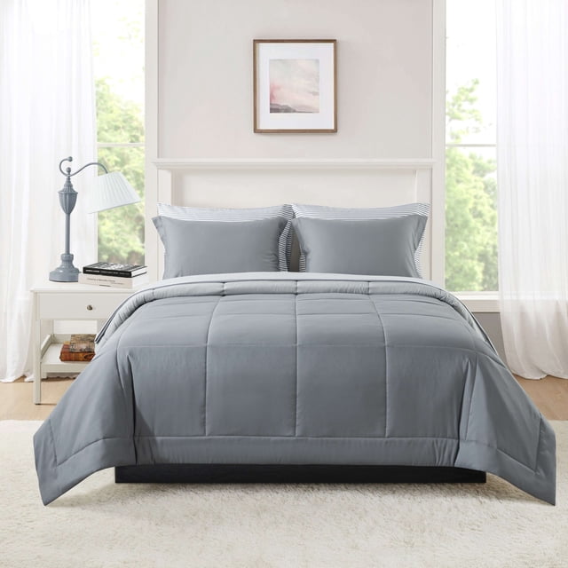 Mainstays 7-Piece Reversible Bed in a Bag Comforter Set with Sheets, Gray, King