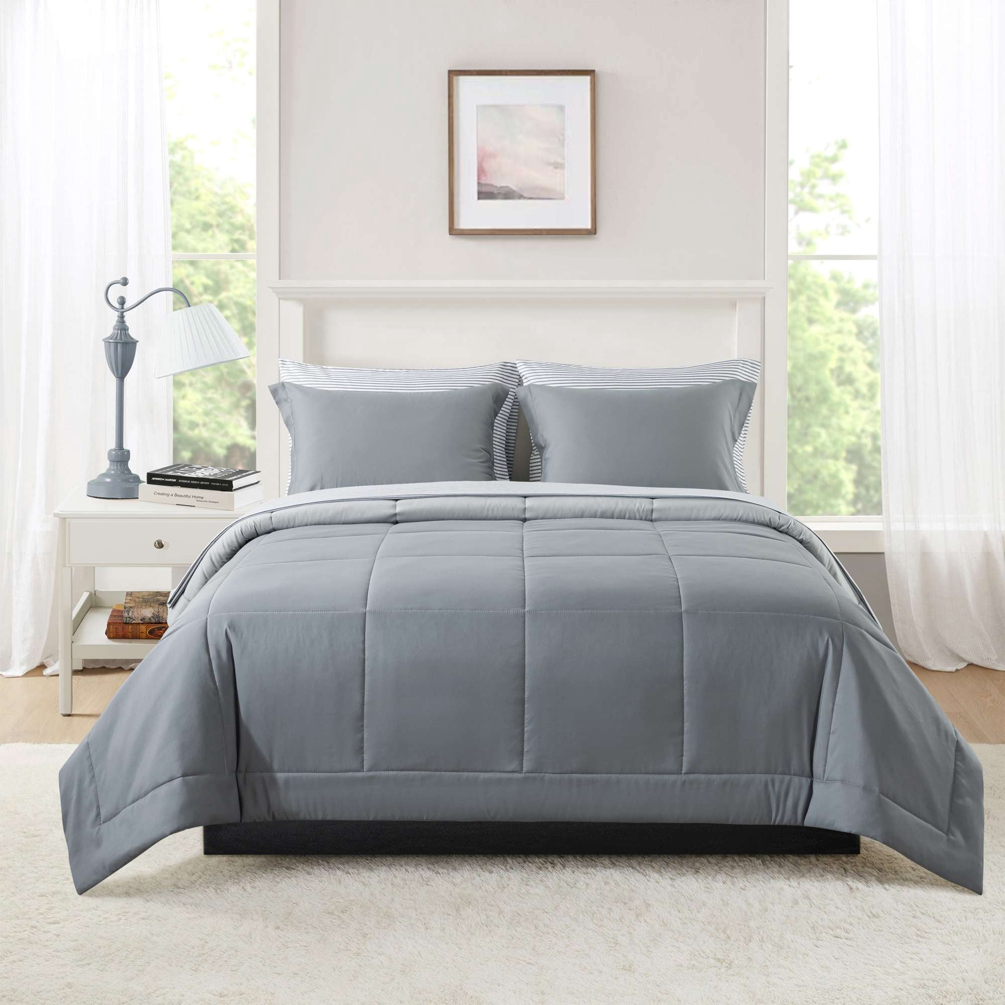 Mainstays All in One Reversible Comforter and Sheet Set, 7-Piece, King, Gray