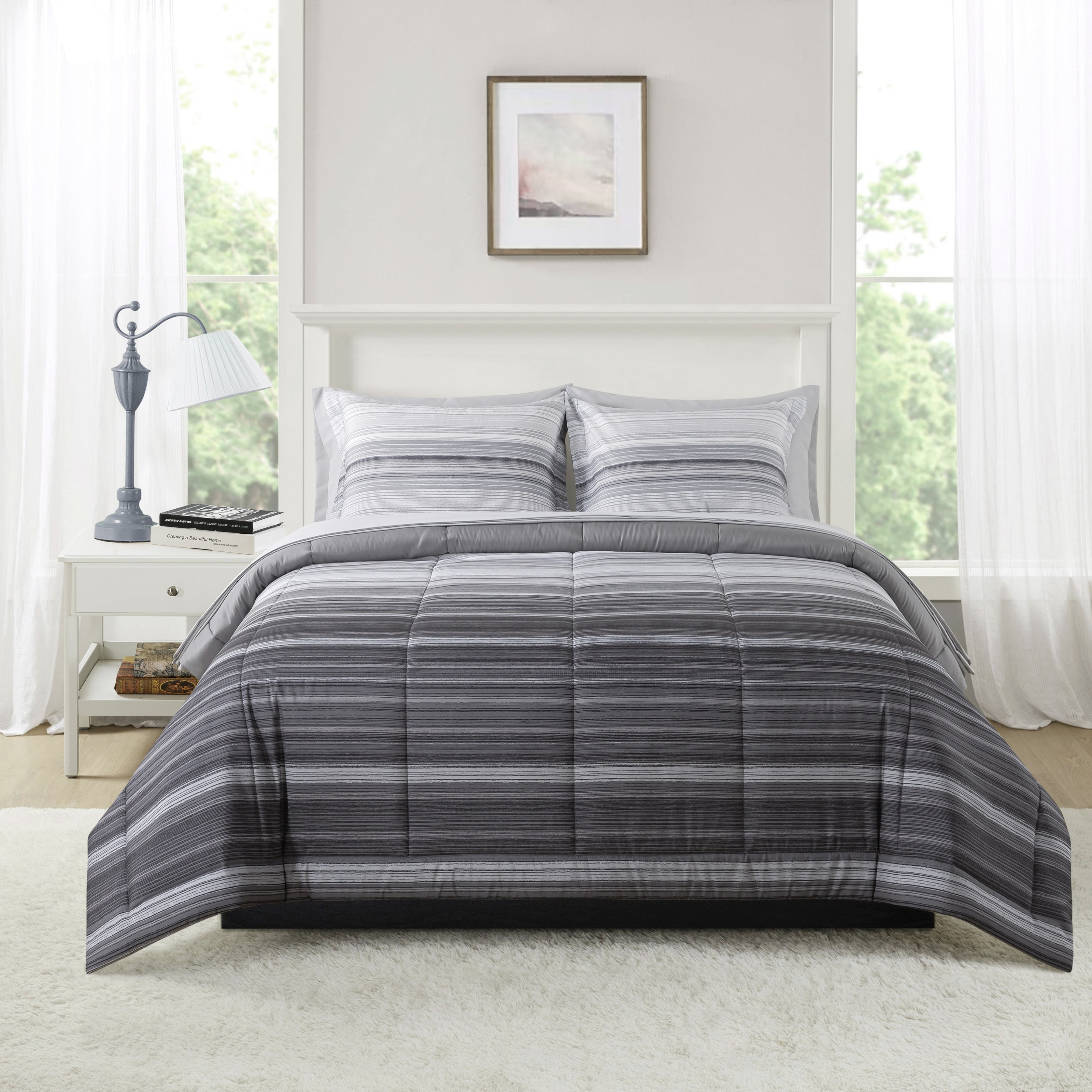 Mainstays 7-Piece Reversible Bed in a Bag Comforter Set with Sheets, Gray Stripe, Full