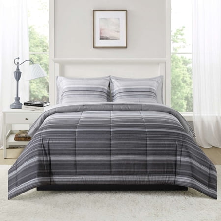 MAINSTAYS ALL IN ONE REVERSIBLE COMFORTER AND SHEET SET, 7-PIECE, FULL, GRAY STRIPE