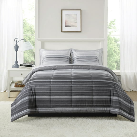 Mainstays All in One Reversible Comforter and Sheet set- 7 Piece, King, Gray Stripe