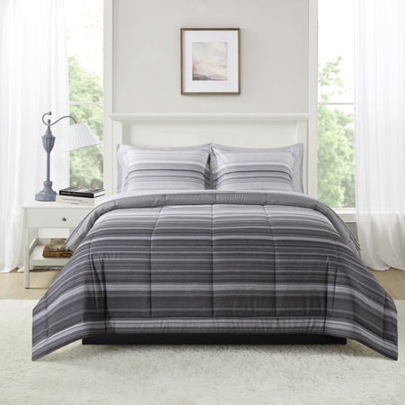 Mainstays All in One Reversible Comforter and Sheet set- 7 Piece, Queen, Gray Stripe