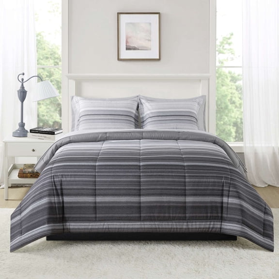Mainstays All in One Reversible Comforter and Sheet Set, 7-Piece, Queen, Gray Stripe