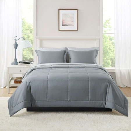 mainstays all in one reversible comforter and sheet set- 7 piece, queen, gray