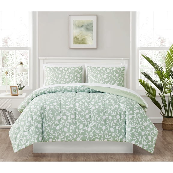 Mainstays 7 Piece Reversible Bed in a Bag Comforter Set with Sheets, Green Floral, Full