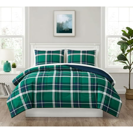 Mainstays 7 Piece Reversible Bed in a Bag Comforter Set with Sheets, Green Plaid, Queen