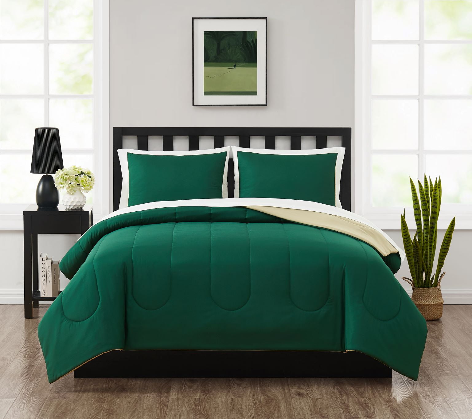 Mainstays 7 Piece Reversible Bed in a Bag Comforter Set with Sheets, Green, Queen