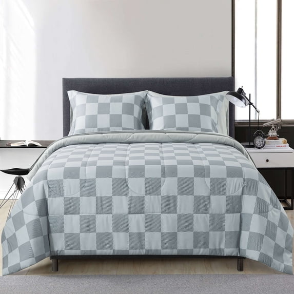 Mainstays 7 Piece Reversible Bed in a Bag Comforter Set with Sheets, Grey Check, Full