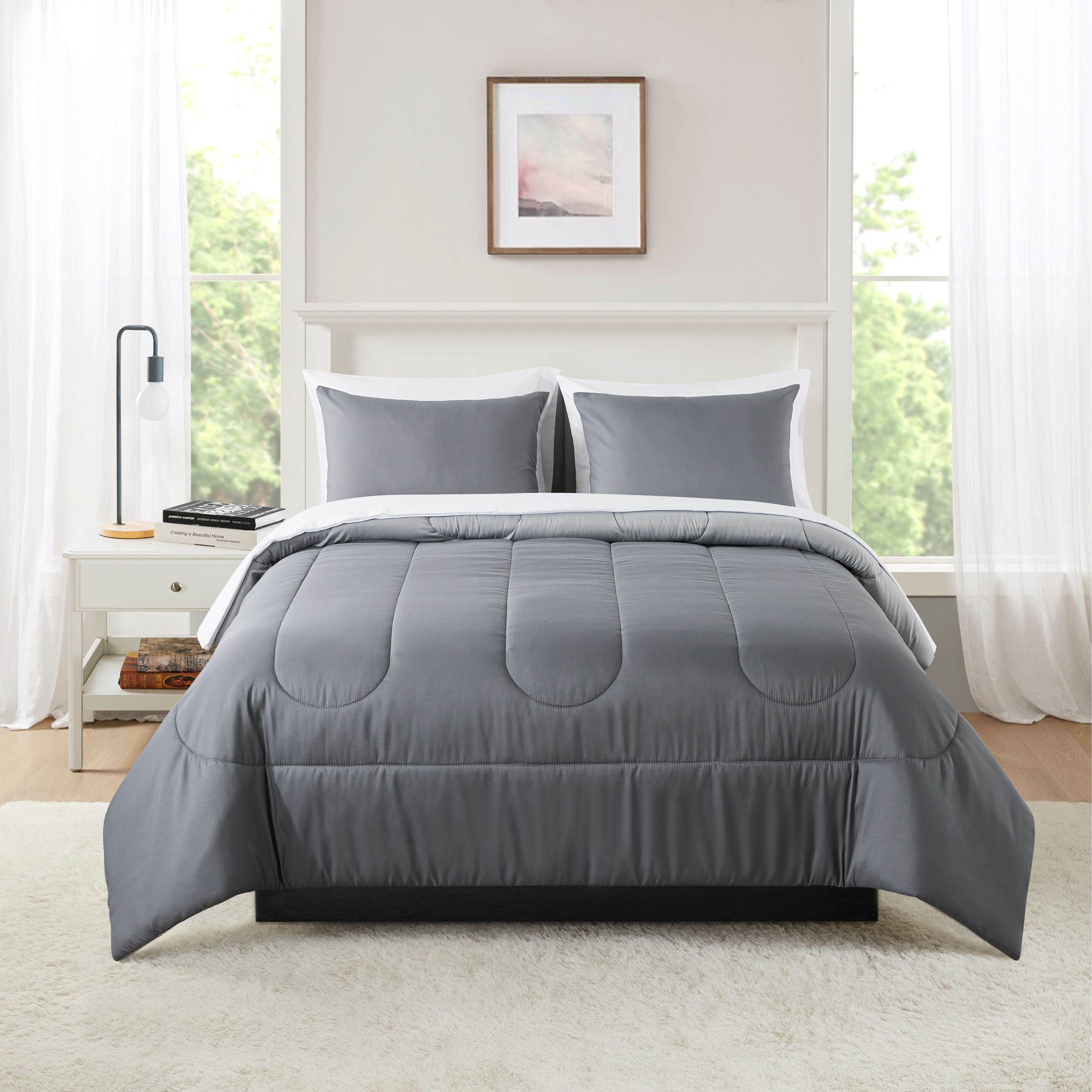 Mainstays 7-Piece Reversible Bed in a Bag Comforter Set with Sheets, Grey, Full