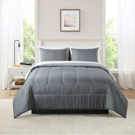 Mainstays 7-Piece Reversible Bed in a Bag Comforter Set with Sheets, Grey, Full