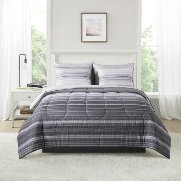 Mainstays 7-Piece Reversible Bed in a Bag Comforter Set with Sheets, Gray Stripe Ombre, Full