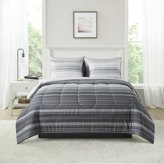 Mainstays 7-Piece Reversible Bed in a Bag Comforter Set with Sheets, Gray Stripe Ombre, Queen