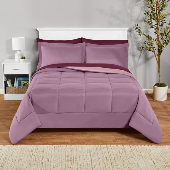 Mainstays 7 Piece Reversible Bed in a Bag Comforter Set with Sheets, Lilac Bloom, Full