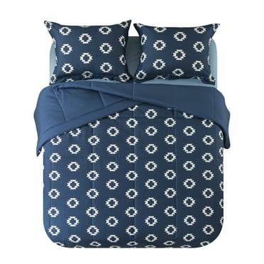 Mainstays 7-Piece Reversible Bed in a Bag Comforter Set with Sheets, Navy Geo, Full