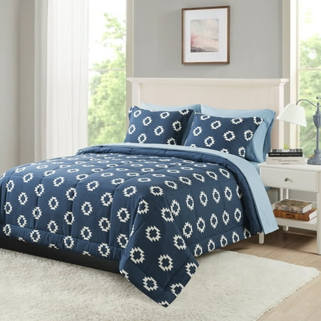 Mainstays All in One Reversible Comforter and Sheet set- 7 Piece, Full, Navy Geo