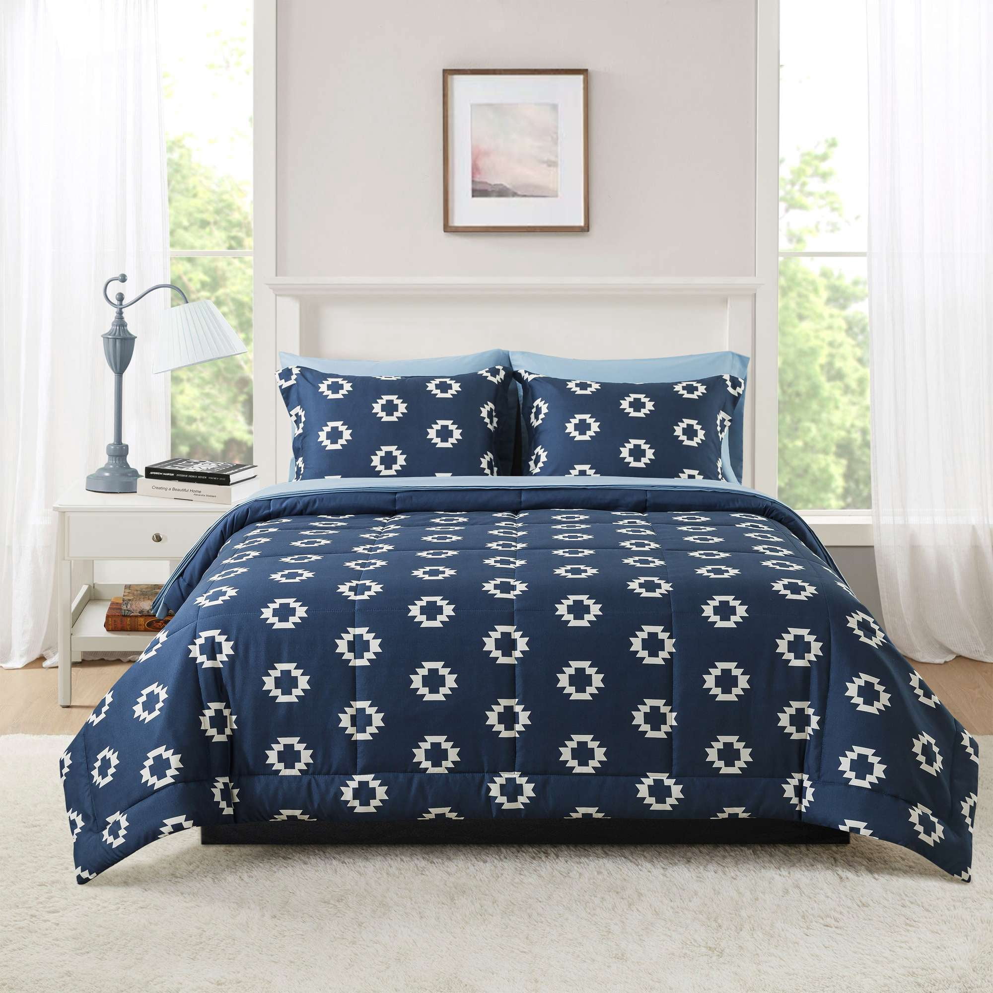 Mainstays All in One Reversible Comforter and Sheet Set, 7-Piece, Queen, Navy Geo